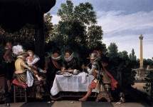 Merry company banqueting on a terrace