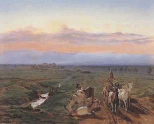 Evening landscape with herd of goats — Фердинанд Георг Вальдмюллер