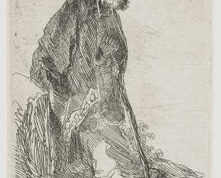 Man in a coat and fur cap leaning against a bank — Рембрандт