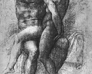 Nude female seated on the knees of a seated male nude: Adam and Eve — Микеланджело