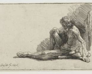 Nude man seated on the ground with one leg extended — Рембрандт