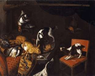 Still Life with dead hares and birds, armchair, hounds, hunting gun — Франс Снейдерс