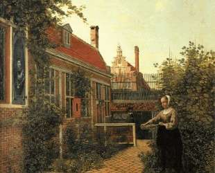 Woman with basket of beans in the kitchen garden — Питер де Хох
