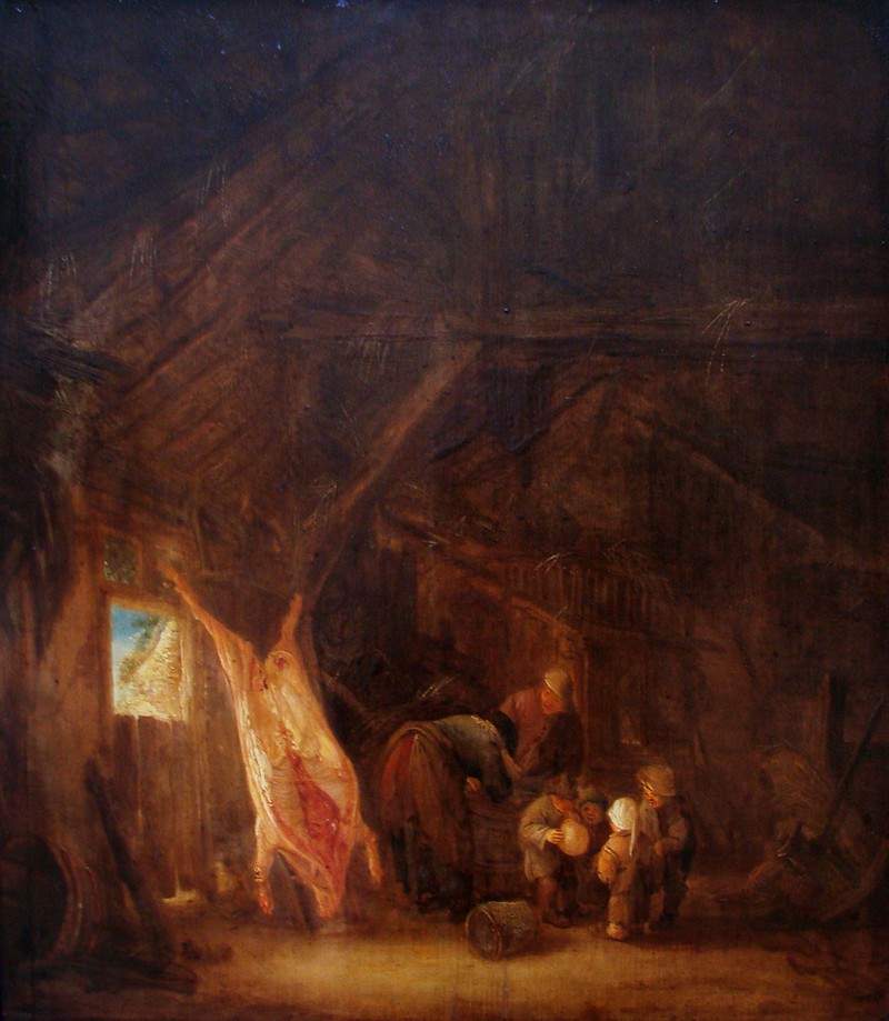 A Barn Interior with a Slaughtered Pig, Children Playing Beyond — Исаак ван Остаде