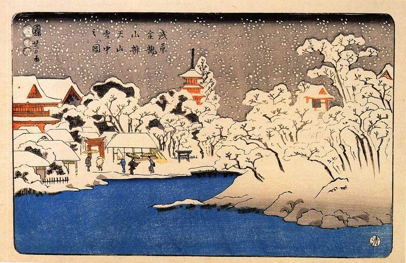 A Snowstorm at Kinryozan Temple — Утагава Куниёси