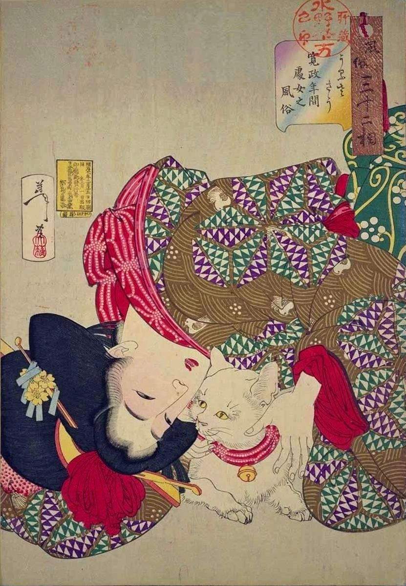 A young woman from Kansei period playing with her cat — Цукиока Ёситоси