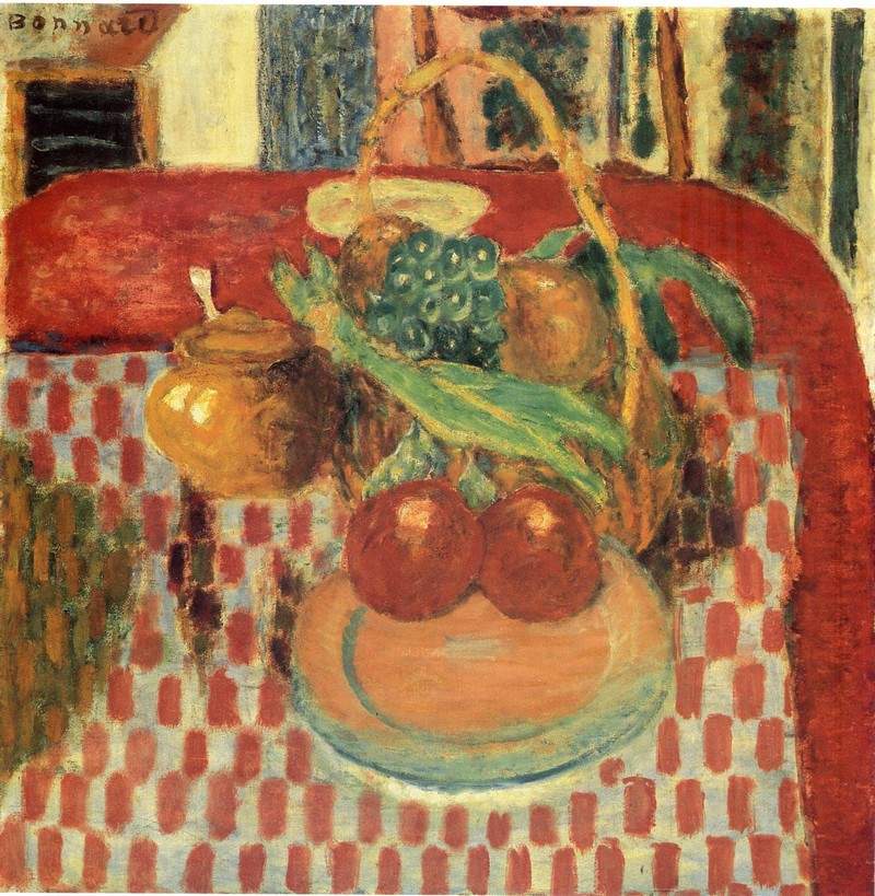 Basket and Plate of Fruit on a Red Checkered Tablecloth — Пьер Боннар