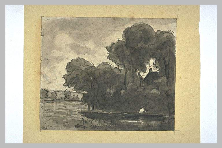 Boat on a river lined with trees — Теодор Руссо
