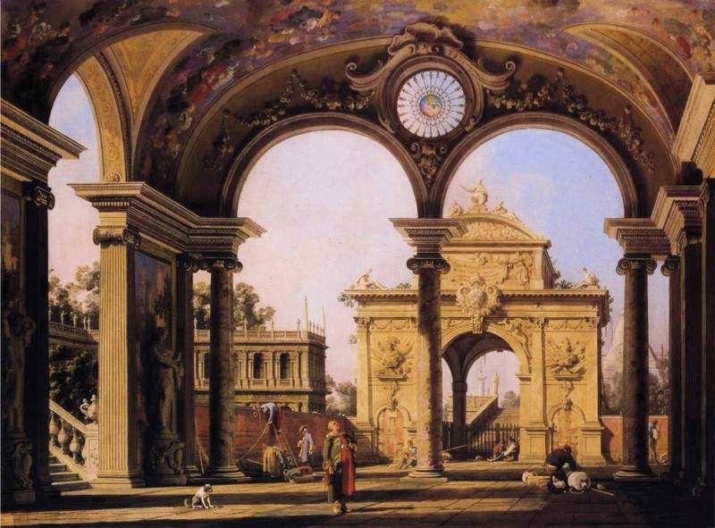 Capriccio of a Renaissance Triumphal Arch seen from the Portico of a Palace — Каналетто
