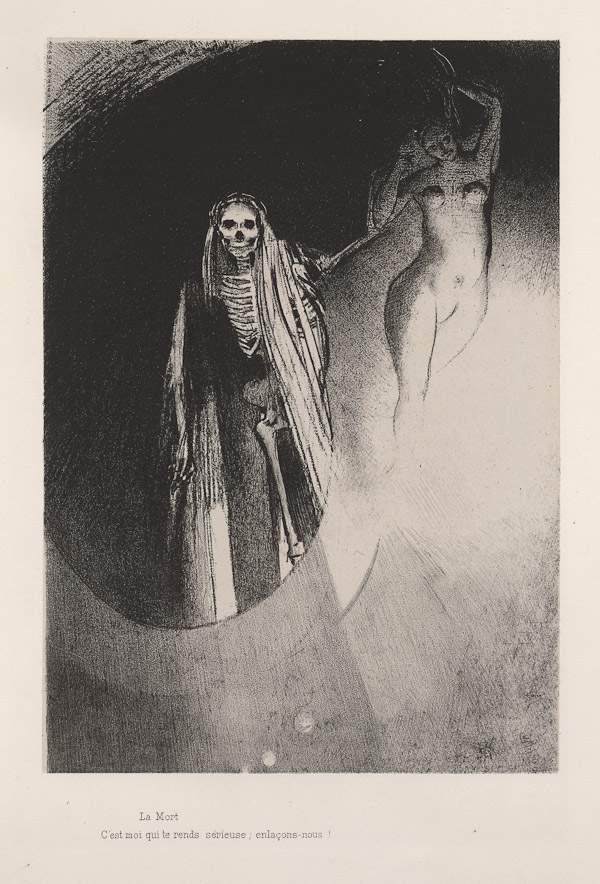 Death: It is I who makes you serious; let us embrace each other (plate 20) — Одилон Редон