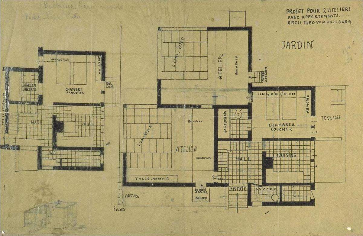 Double studio apartment design, plans and axonometry — Тео ван Дусбург