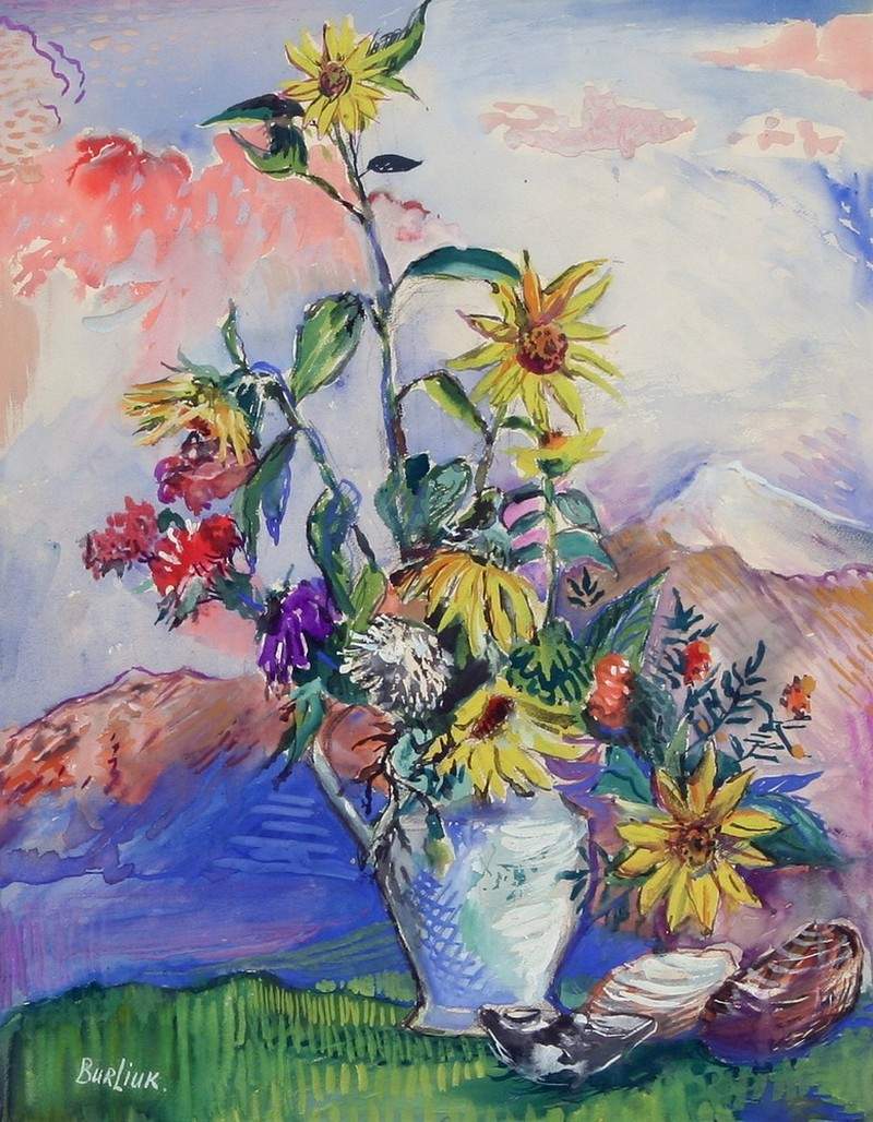 Цветы и раковины в горном пейзаже — Давид Бурлюк