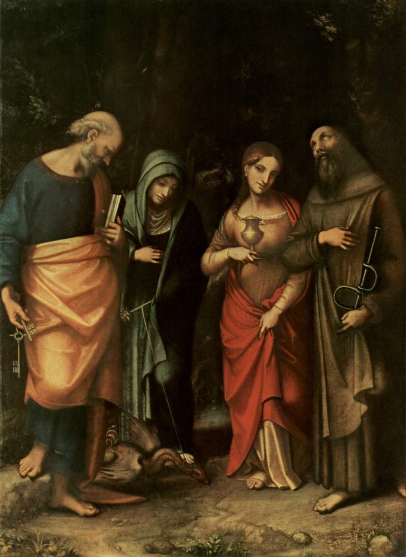 Четыре святых (слева Св. Петр, Св. Марта, Св. Мария Магдалина, Св. Леонард) — Корреджо