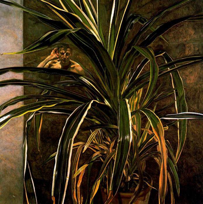 Интерьер с растением, слушающее отражение (автопортрет) — Люсьен Фрейд
