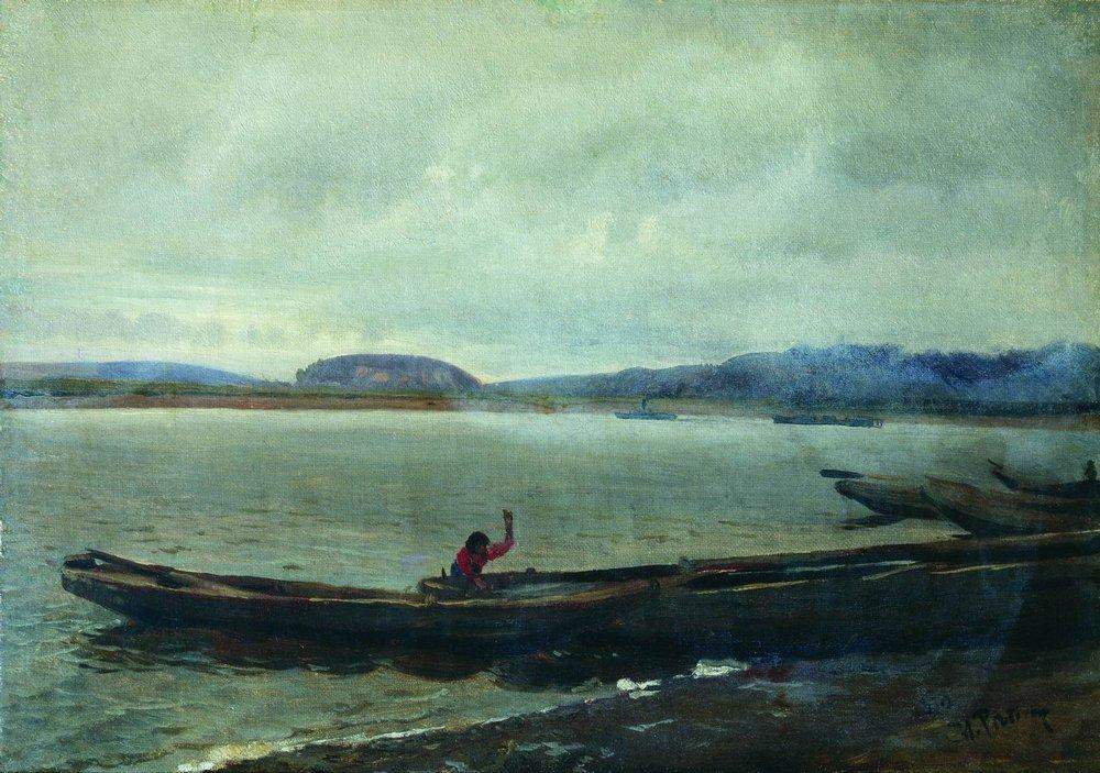 Волжский пейзаж с лодками — Илья Репин