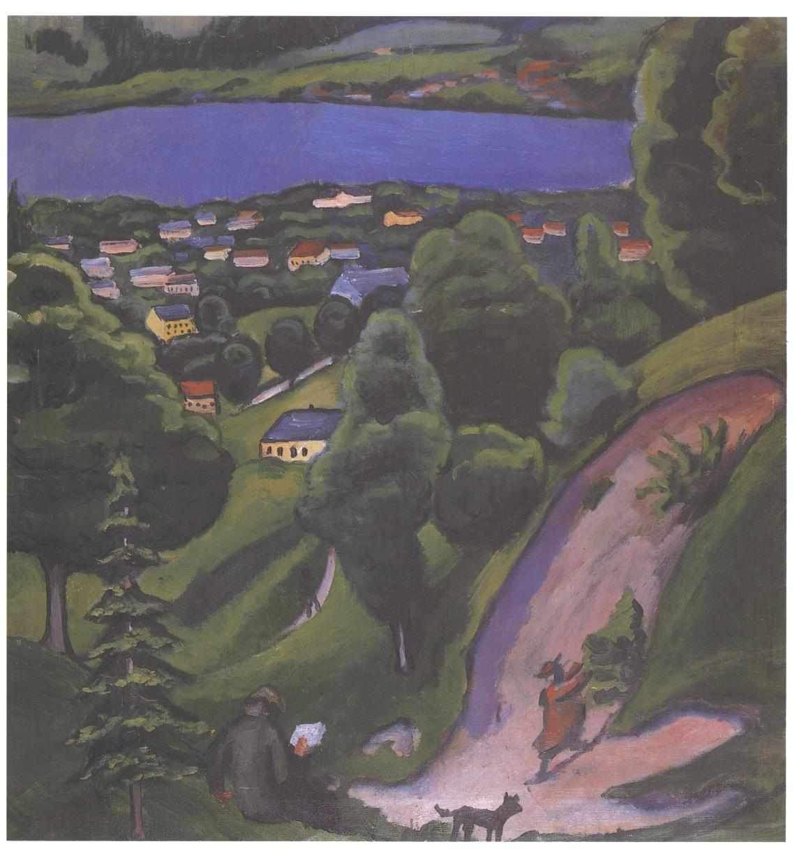 Landscape on the Teggernsee with a reading man — Август Маке