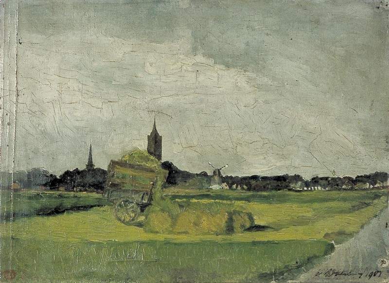Landscape with hay cart, church towers and windmill — Тео ван Дусбург