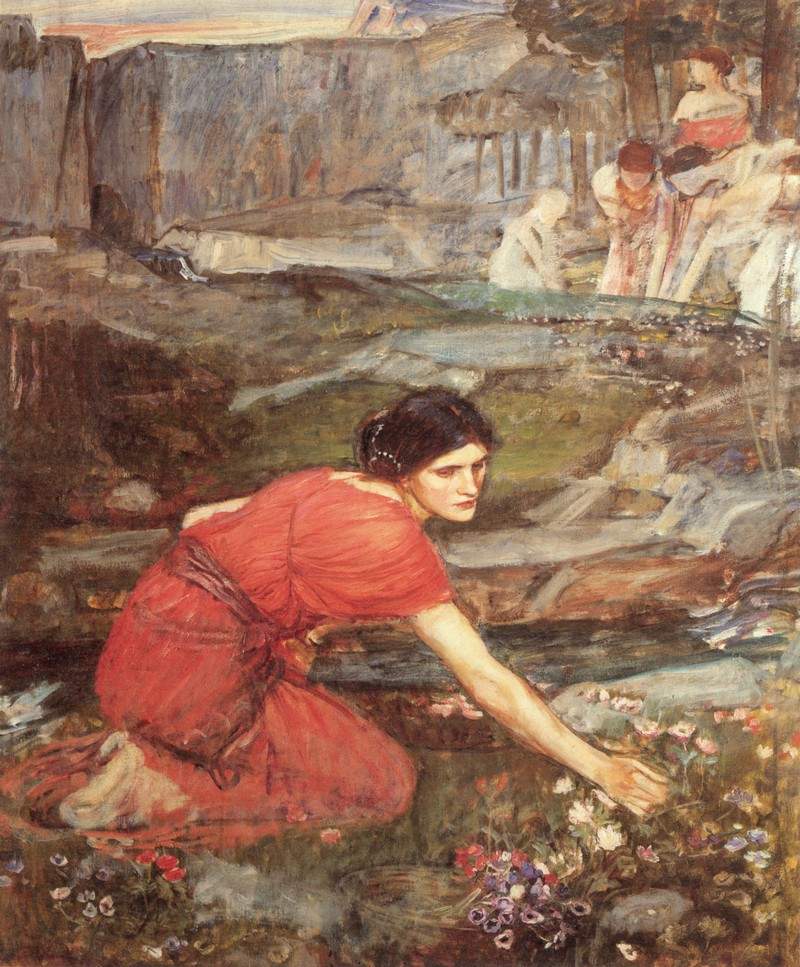 Девушка собирает цветы у ручья — Джон Уильям Уотерхаус
