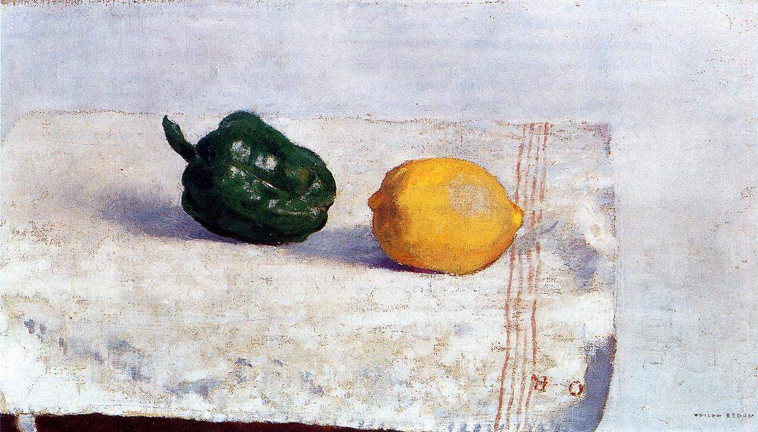 Pepper and Lemon on a White Tablecloth — Одилон Редон