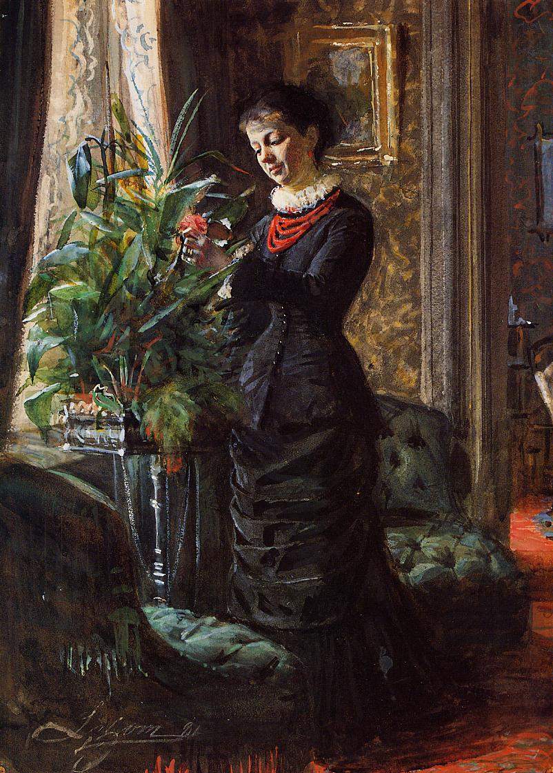 Portrait of Fru Lisen Samson, nee Hirsch, Arranging Flowers at a Window — Андерс Цорн