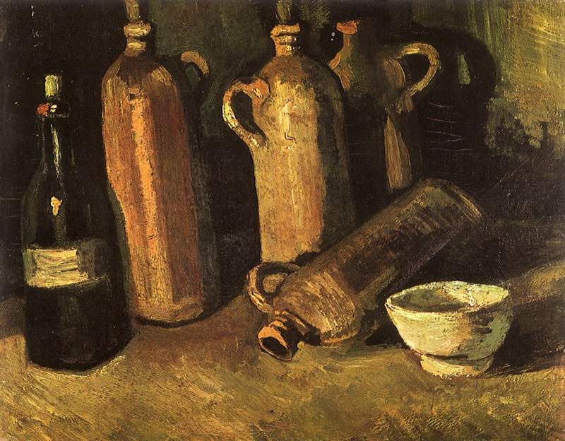 Still Life with Four Stone Bottles, Flask and White Cup — Винсент Ван Гог