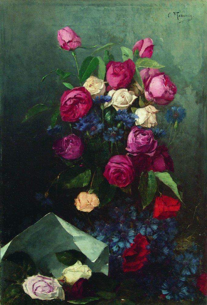 Натюрморт с розами и васильками — Константин Маковский