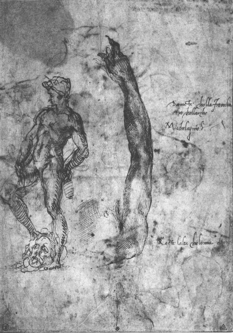 Study for an arm of the marble David and the figure of the bronze David — Микеланджело
