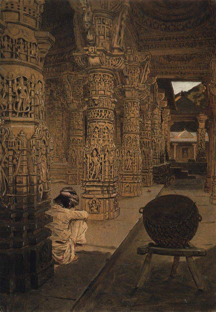 The colonnade in the Jain temple at Mount Abu in the evening — Василий Верещагин