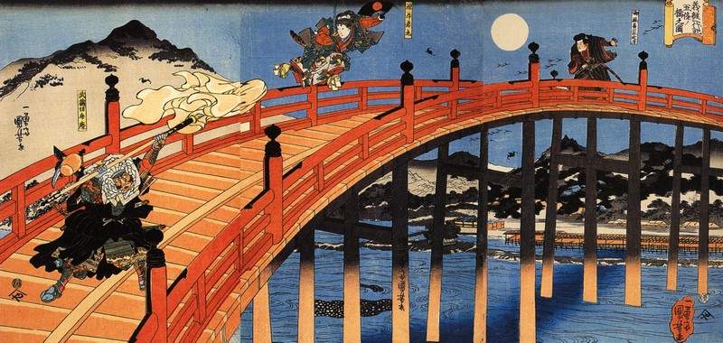 The moonlight fight between Yoshitsune and Benkei on the Gojobashi — Утагава Куниёси