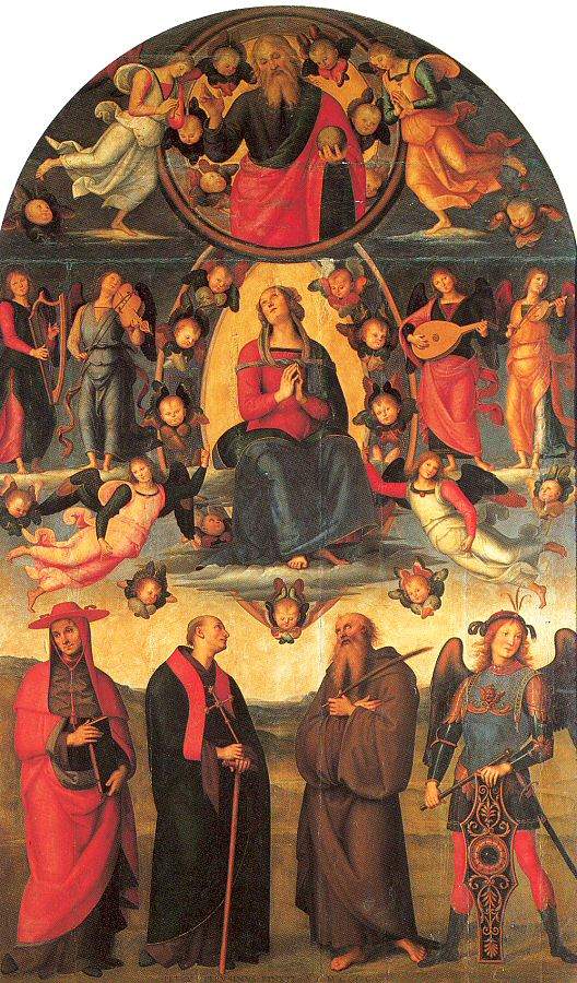 Дева Мария на троне, с ангелами и святыми. Алтарь Валломброза — Пьетро Перуджино