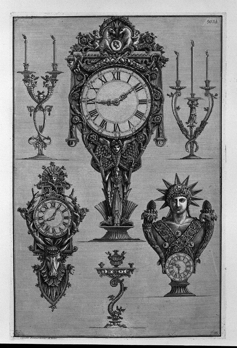 Three clocks and three candelabra — Джованни Баттиста Пиранези
