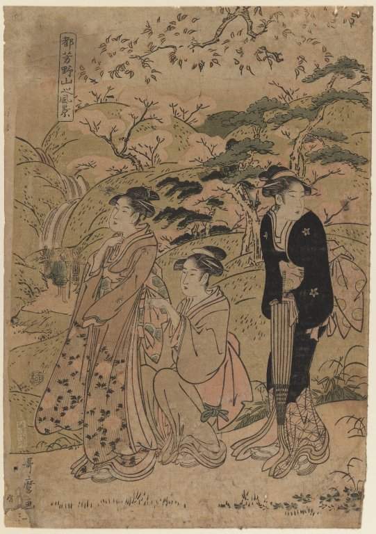 Three Courtesans Stroll Amidst Cherry Blossoms — Китагава Утамаро