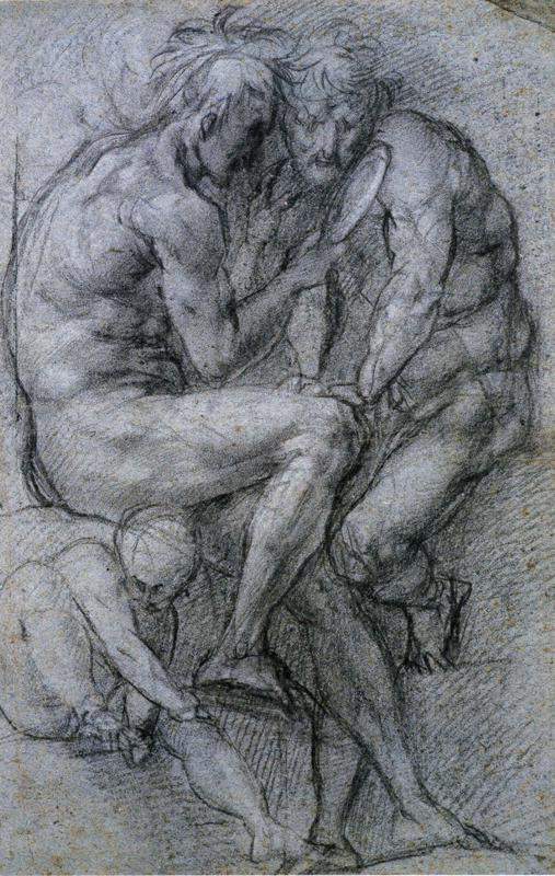 Two Male Figures Looking in a Mirror and a Putto. — Джакопо Понтормо