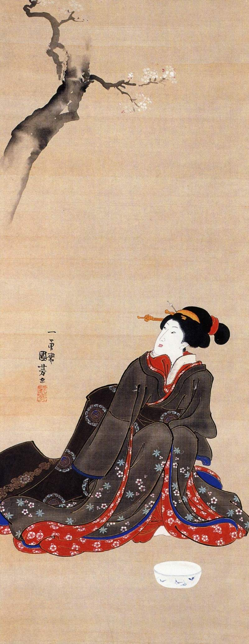 Woman seated under a cherry blossoms — Утагава Куниёси