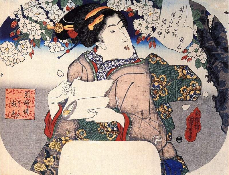 Woman under a cherry tree — Утагава Куниёси
