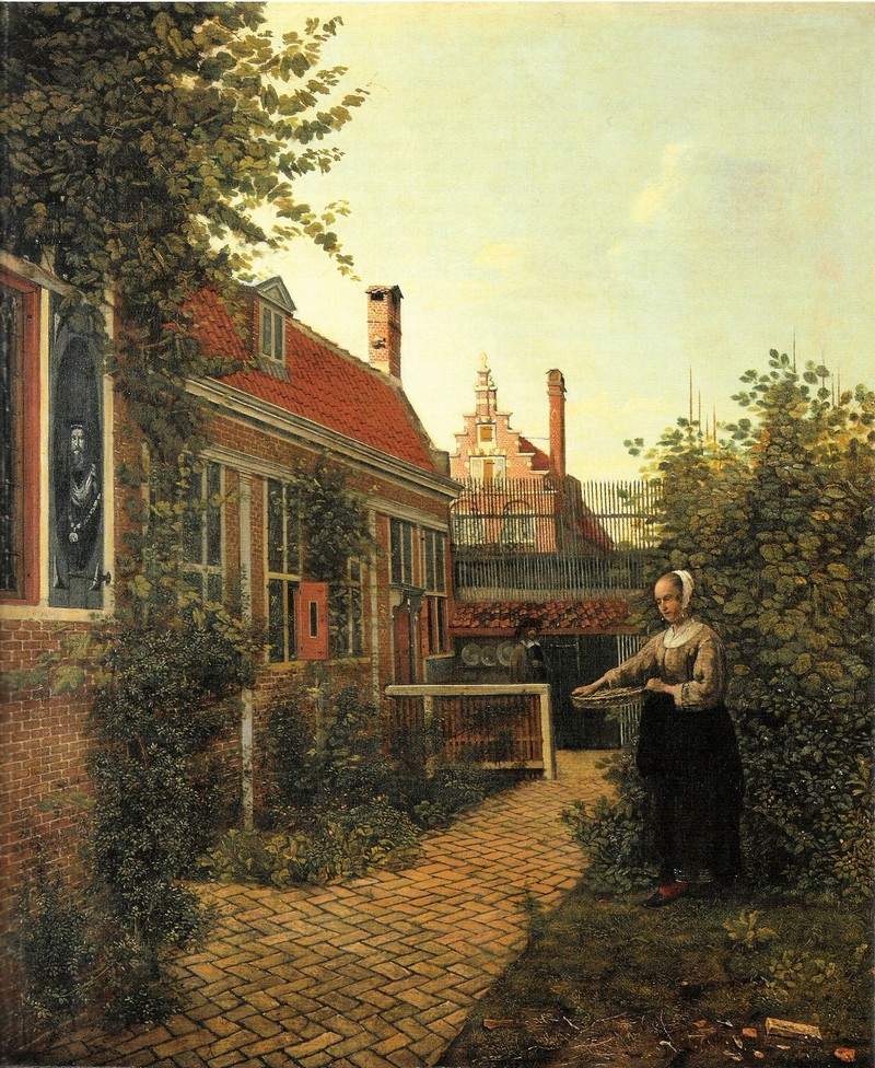Woman with basket of beans in the kitchen garden — Питер де Хох