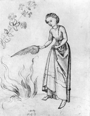 Young Woman Fanning a fire with a bird’s wing — Мартин Шонгауэр